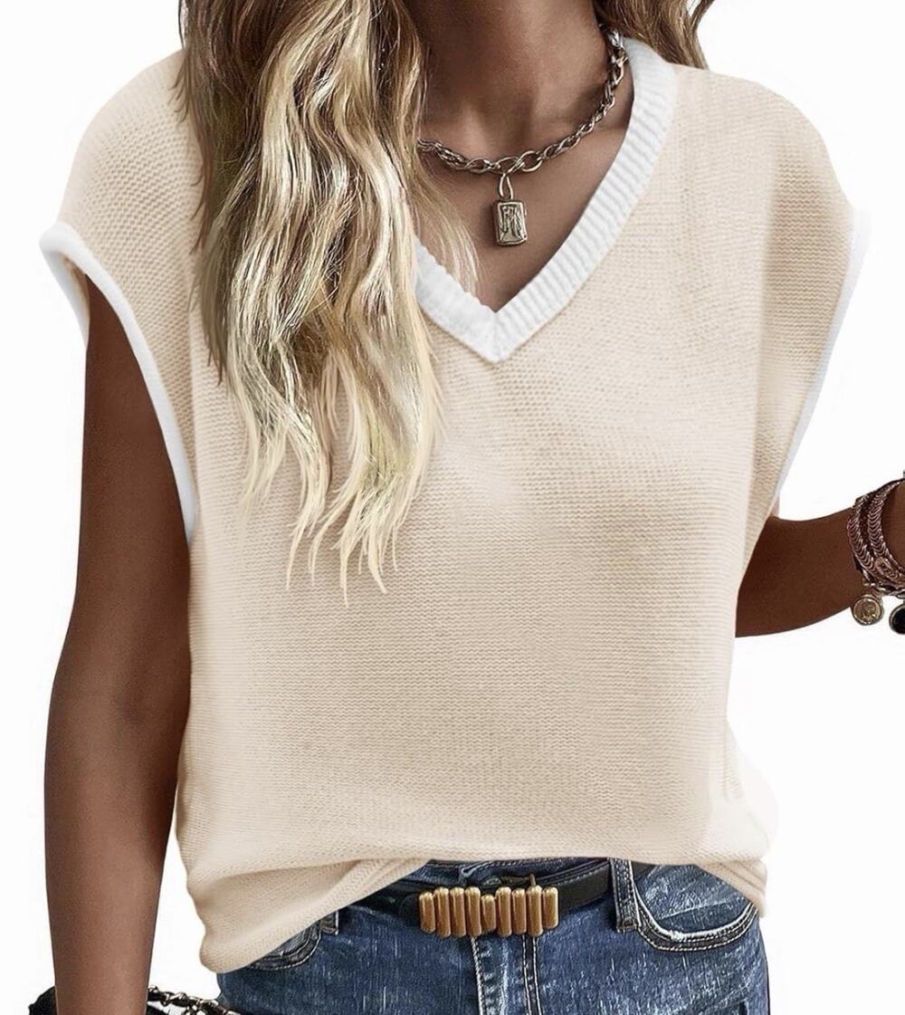 Imily Bela Summer Cap Sleeve Sweater Vest Casual V Neck Apricot Women’s XXXL